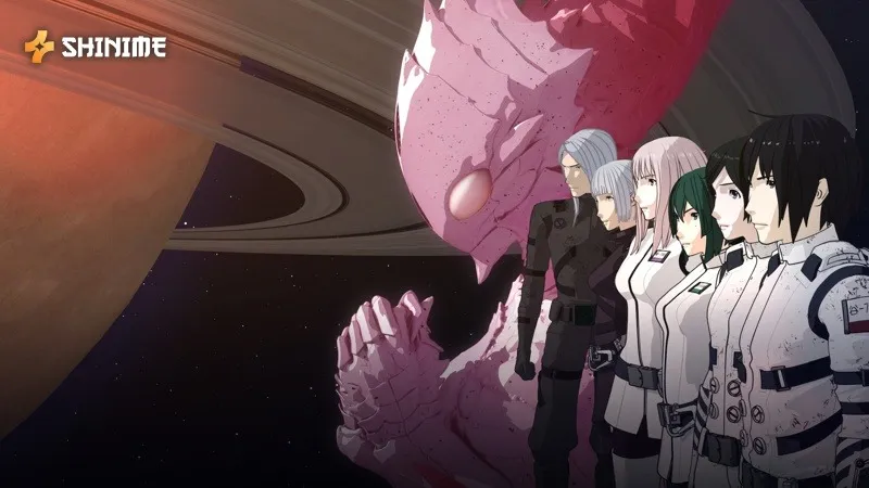 Pilots in white gear stand beside a pink Gauna hybrid against a ringed planet in Knights of Sidonia.