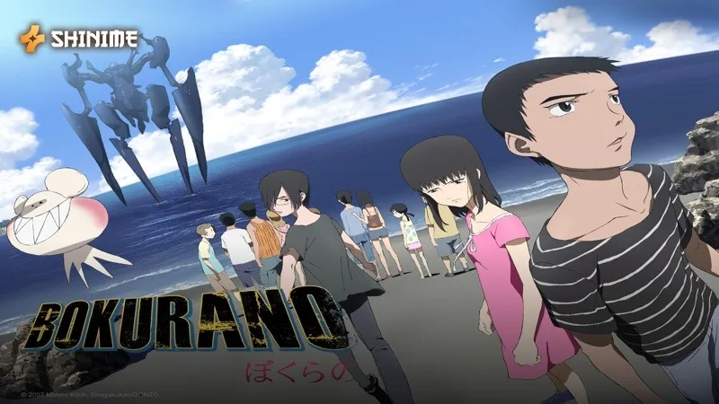 The children of Bokurano stand on a beach as the giant mecha Zearth looms over the distant sea.