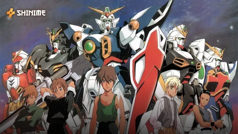 Five young pilots standing before their massive Gundam mobile suits in a starry space background.