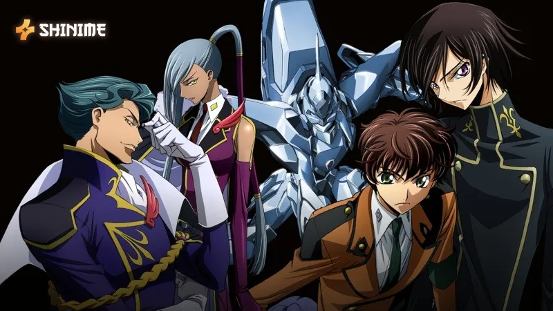 Lelouch and tactical allies stand before a silver Knightmare Frame mecha in Code Geass.