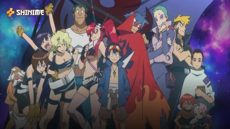 Simon, Kamina, and Team Dai-Gurren pose against a colorful nebula background in Gurren Lagann.