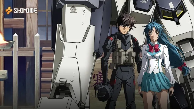 Sousuke in tactical gear and Kaname in a school uniform stand beside a massive military mecha.