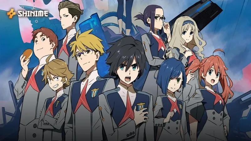 The young pilots of Squad 13 in gray uniforms standing before their giant Franxx mecha.