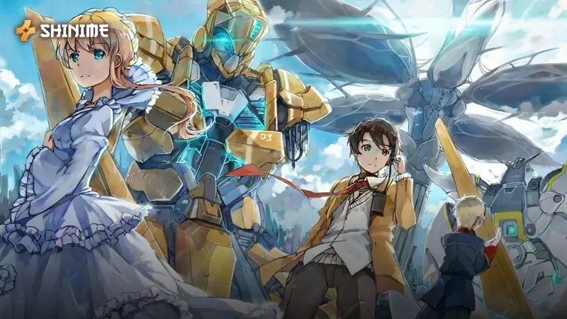 Inaho Kaizuka and Princess Asseylum stand before towering military machines in Aldnoah.Zero.