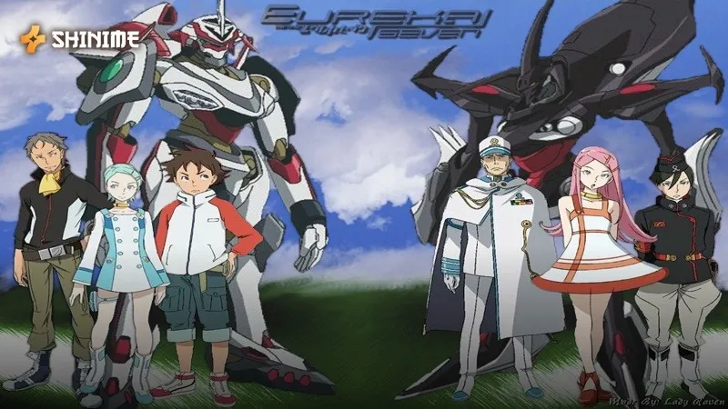 Renton and Eureka with the Gekkostate crew and their surfing mechas in the mecha anime Eureka Seven.