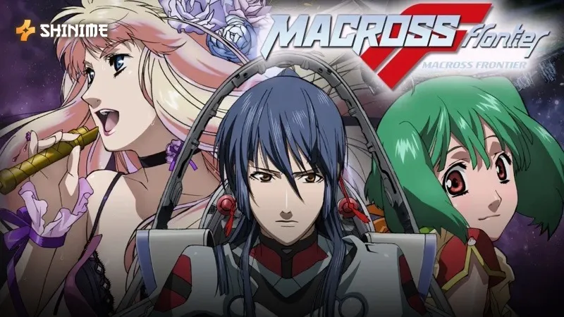Pilot Alto Saotome flanked by idols Sheryl Nome and Ranka Lee in Macross Frontier.