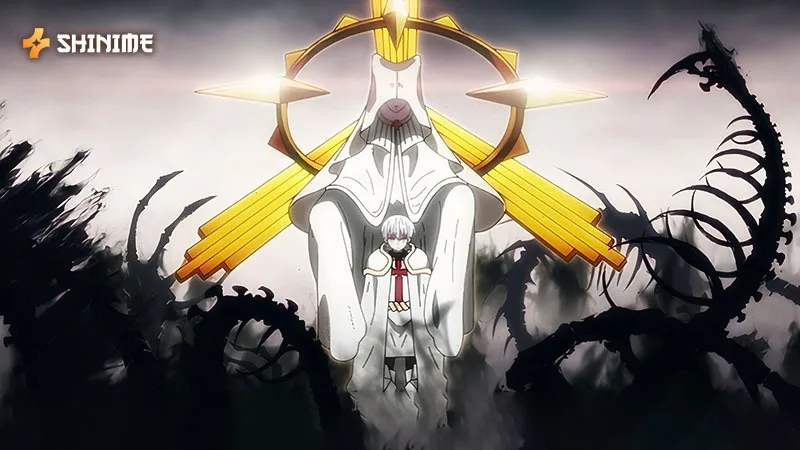 The Evangelist looms behind Sho Kusakabe, representing the cosmic power of Adolla in Fire Force.