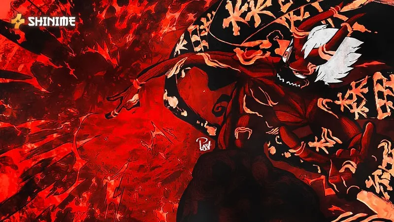 Shinrabanshōman manifesting creation authority in a stylized red display of the strongest Fire Force character form.