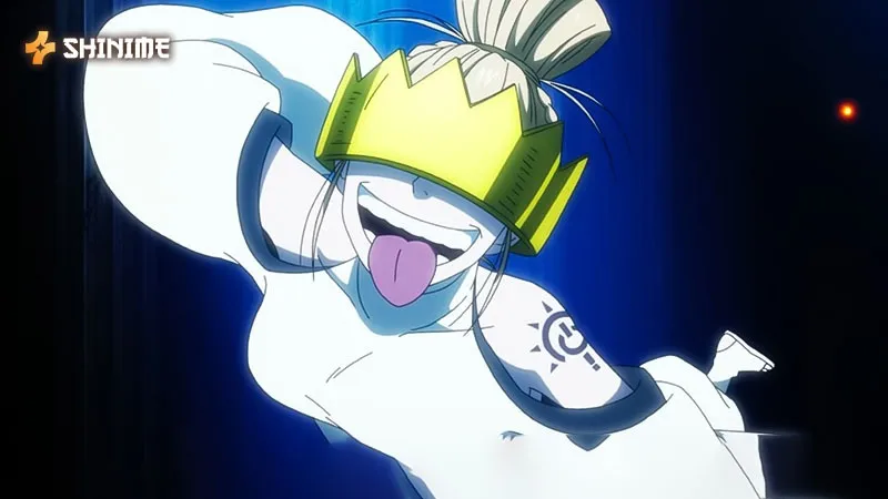 Haumea sticking her tongue out in a chaotic pose, displaying the Adolla tattoo that marks her as a top Fire Force character.