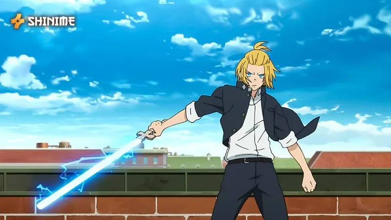 Arthur Boyle wielding his plasma sword Excalibur, embodying the knight persona that makes him one of the strongest Fire Force characters.