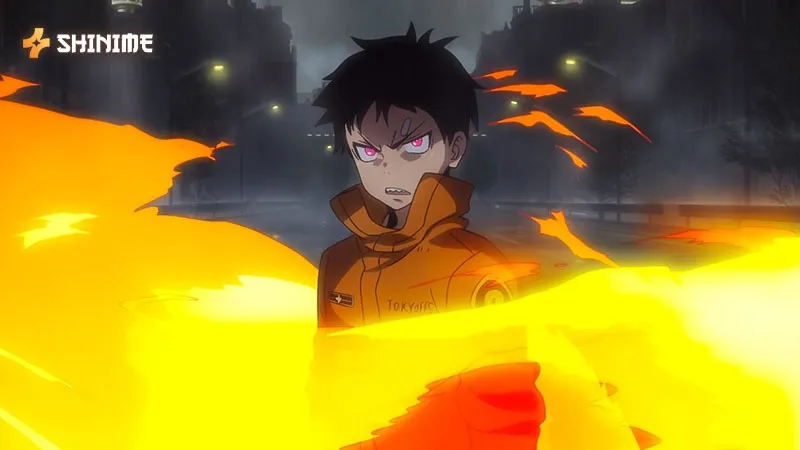 Shinra Kusakabe focuses his power amidst vibrant flames, demonstrating the light-speed potential of a top Fire Force character.